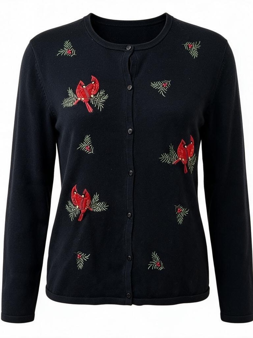 CROFT & BARROW vintage vibe black cardigan red sequin cardinal holiday size XL